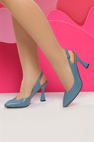 Kot Mavi Kadın Topuklu Hakiki Deri Ayakkabı