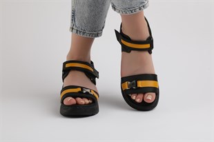Siyah Sarı Kadın Sandalet Hakiki Deri Rahat
